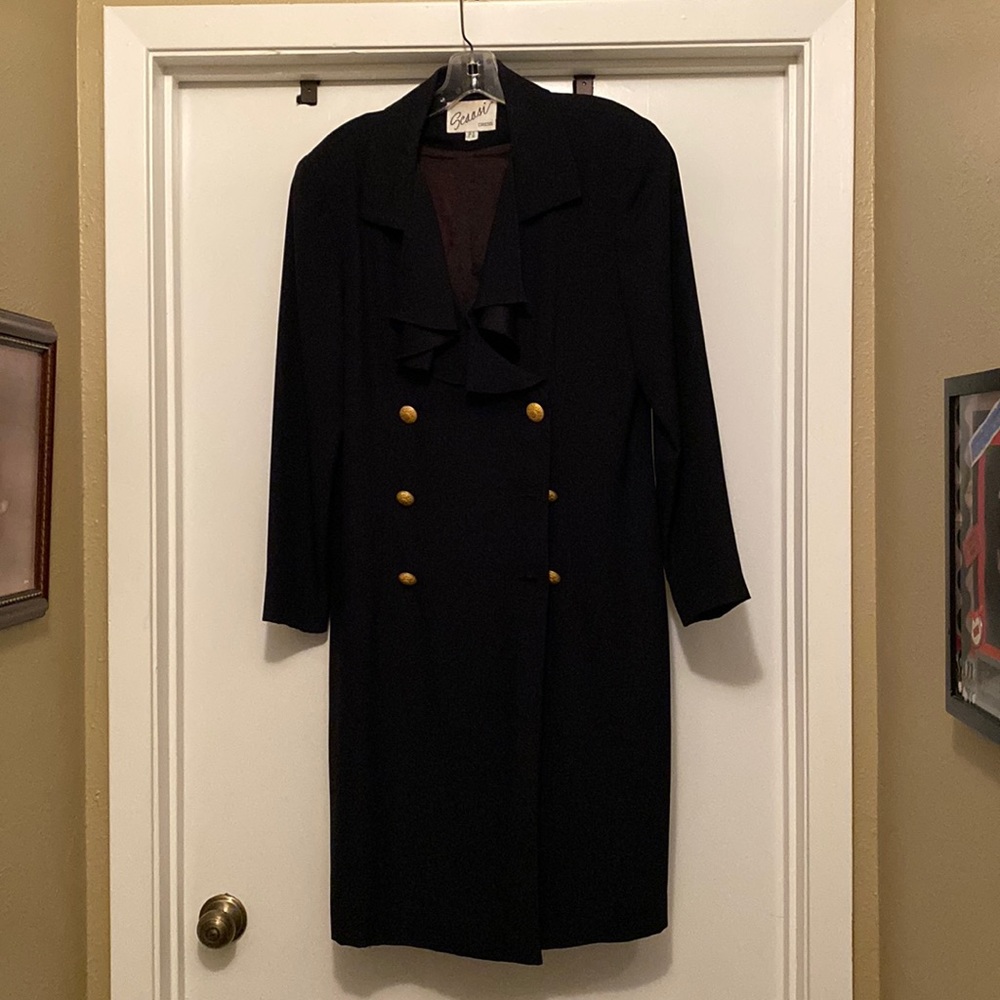 Beautiful Scaasi double breasted black dress with flat ruffle neckline. Sz14.